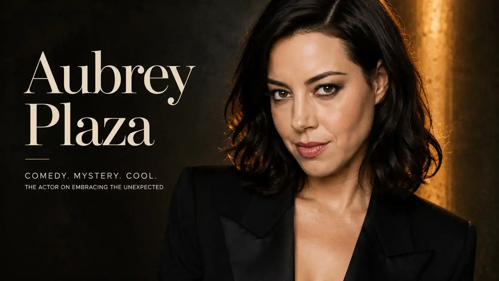 Aubrey Plaza wearing a black blazer in an editorial portrait banner for her career, age, and filmography guide.