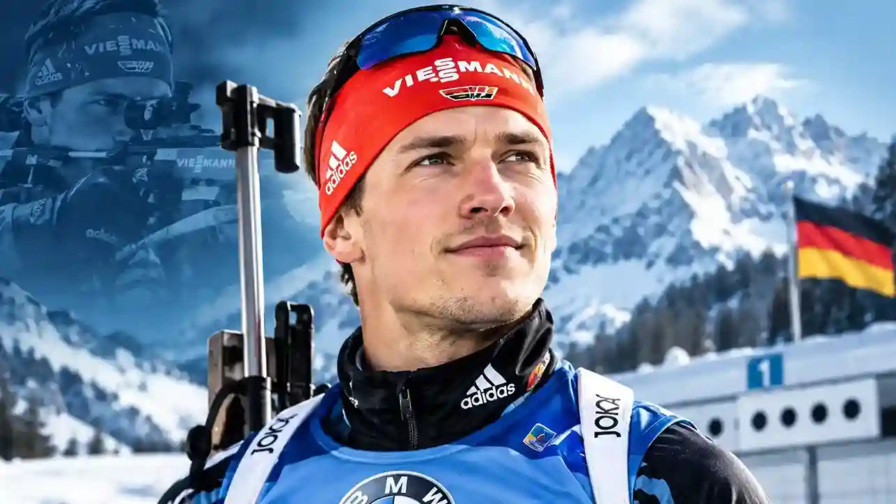 Pirmin Dahlmeier competing in biathlon in a snowy alpine setting