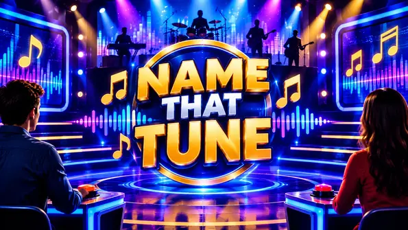 Name That Tune music game show stage with contestants, live band and musical notes
