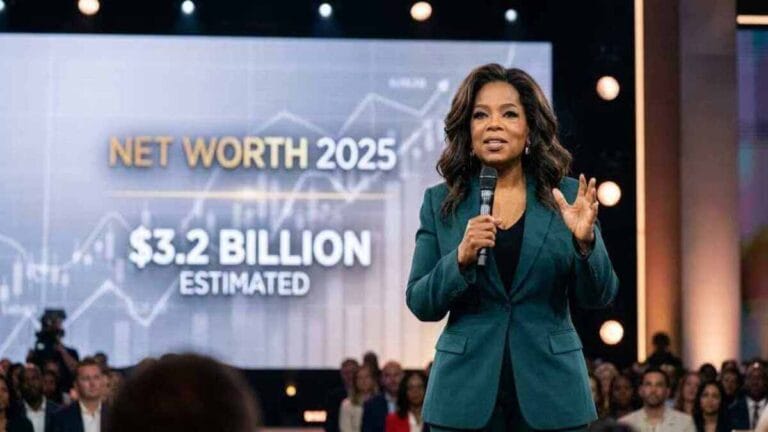 Oprah Winfrey smiling at a public event with overlay graphics depicting her estimated $3 billion net worth in 2025.
