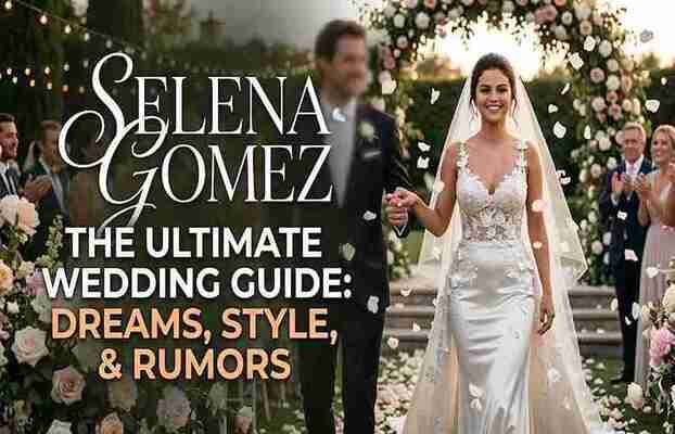 Conceptual portrait of Selena Gomez in an elegant silk and lace wedding gown, walking down outdoor altar steps under a floral arch amidst falling petals, with blurred groom and guests, visualizing the keyword 'Selena Gomez wedding guide'.